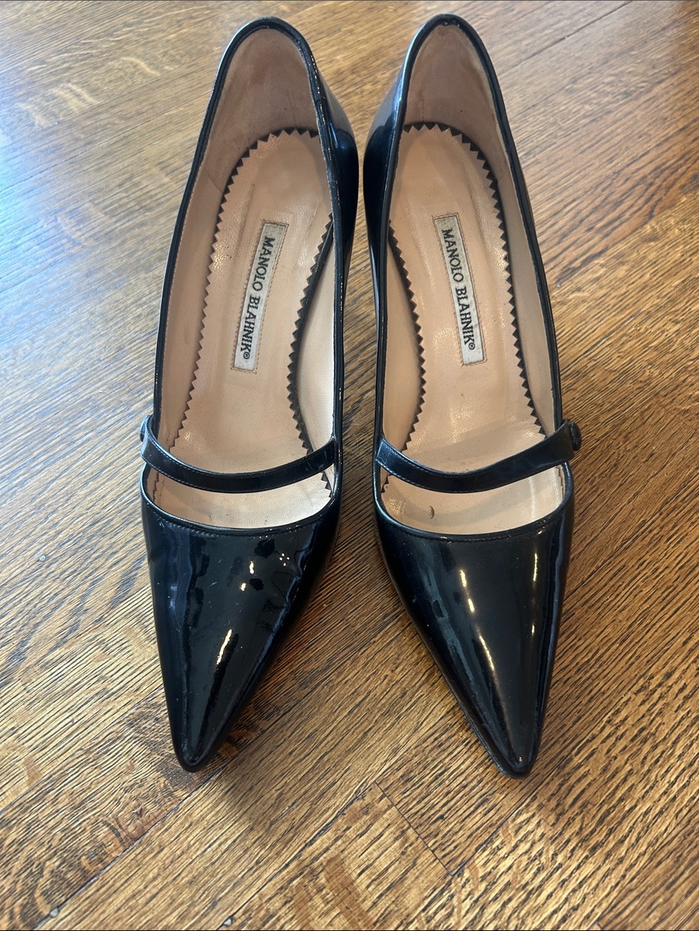 Manolo Blahnik Black Patent Mary Jane Pointed-Toe Pumps 38